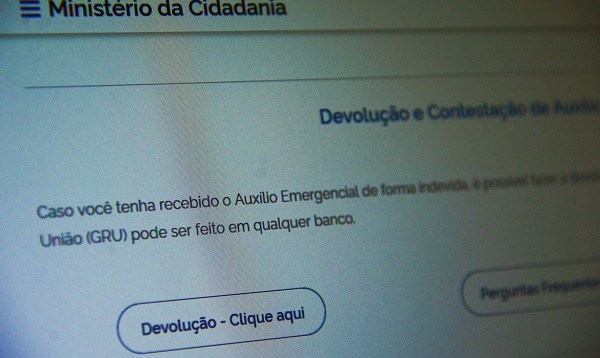 Página do Ministério da Cidadania para devolução do auxílio emergencial recebido indevidamente. Foto: Marcello Casal Jr./Agência Brasil